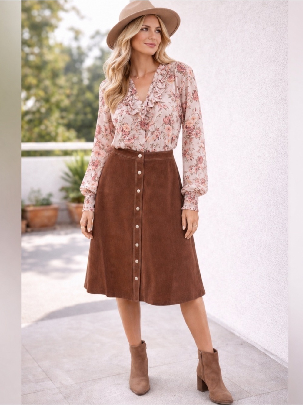 Vintage Brown Genuine Suede Snap Front A-Line Skirt Western Boho Midi size Small
